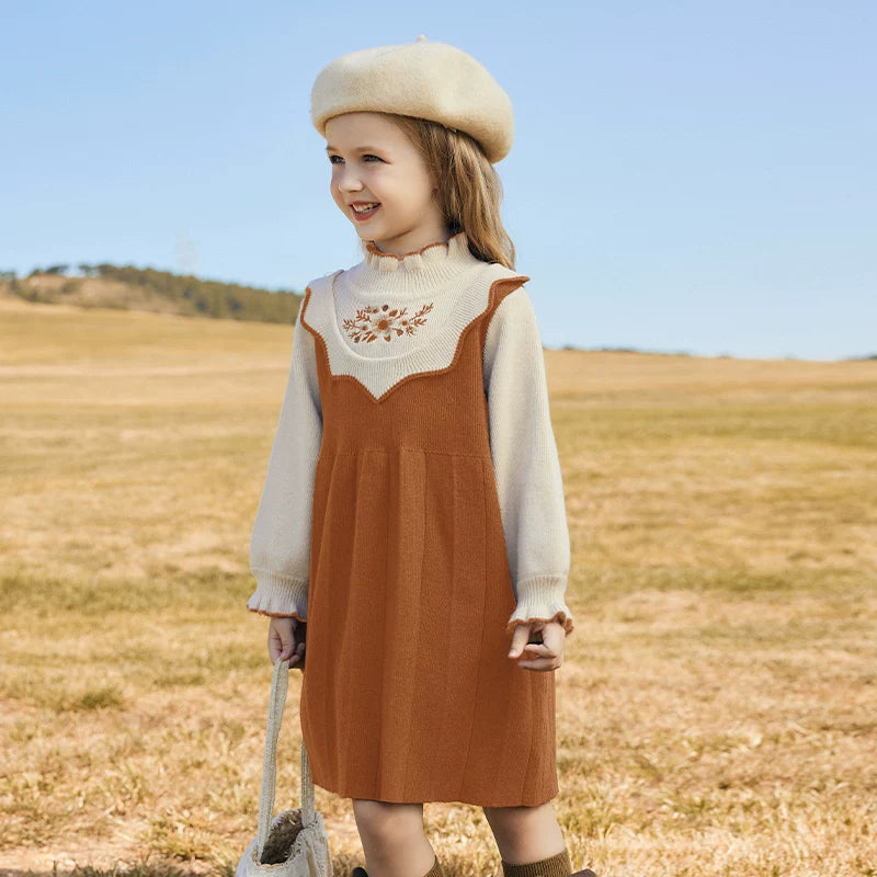 Girls Preppy Knit Sweater Dress - Embroidered Long-Sleeve Midi