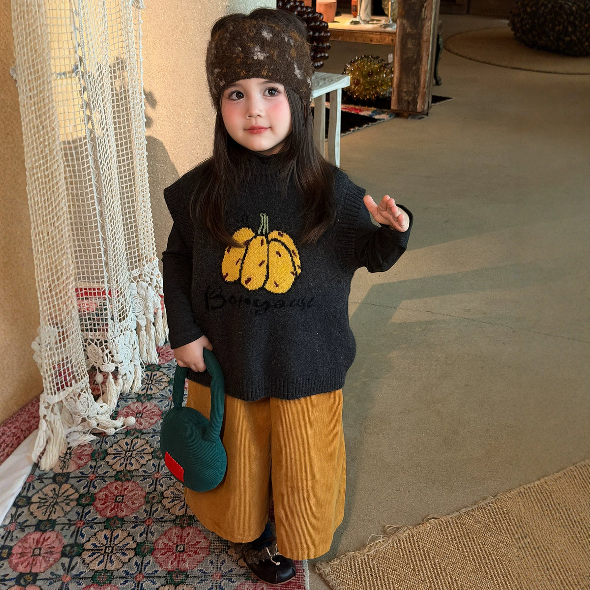 Girls Knit Vest, Base Layer & Wide-Leg Pants Set - Cosy Autumn