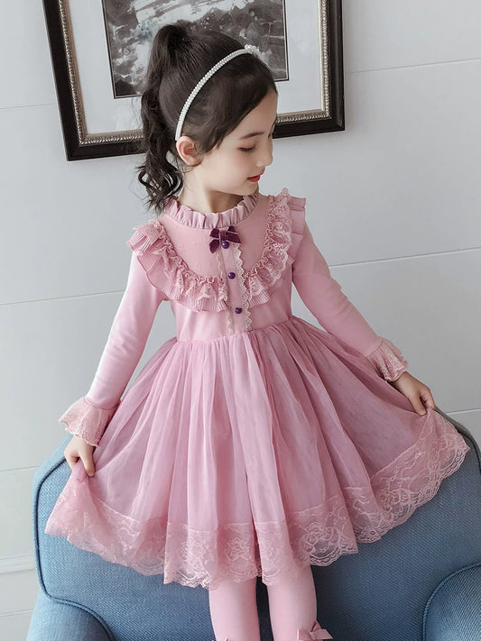 Girls Fleece-Lined Tulle Princess Dress - Three-Button Long-Sleeve Gown with Legging Options