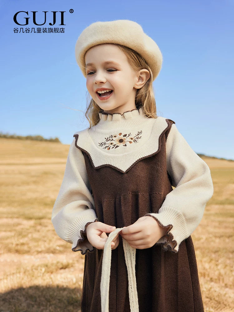 Girls Preppy Princess Sweater Dress - Embroidered Knit Midi, Fleece Options