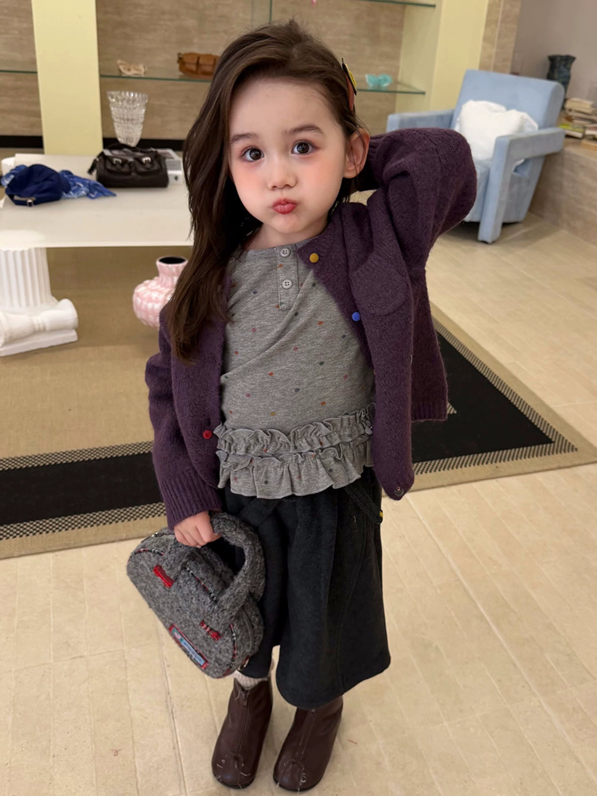 Girls Knit Cardigan, Base Layer & Wool Shorts Set - Autumn