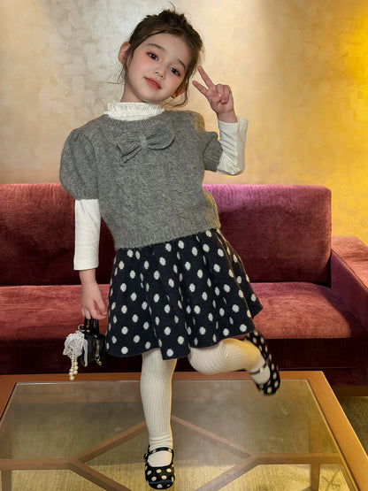Girls Bow Knit Vest & Sweater Skirt Set - Sweet Autumn