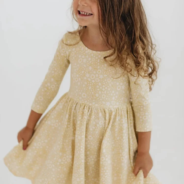 Girls Nordic Linen Dress - Yellow Floral Long-Sleeve