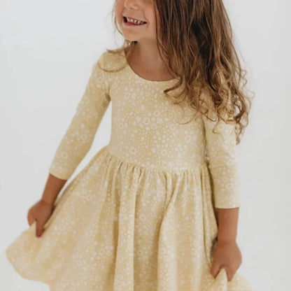 Girls Nordic Linen Dress - Yellow Floral Long-Sleeve
