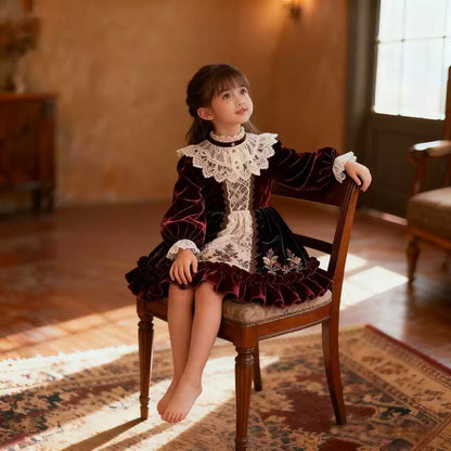 Girls Court-Style Lolita Dress - Wine-Red Birthday Princess Gown, Unlined or Fleece-Lined