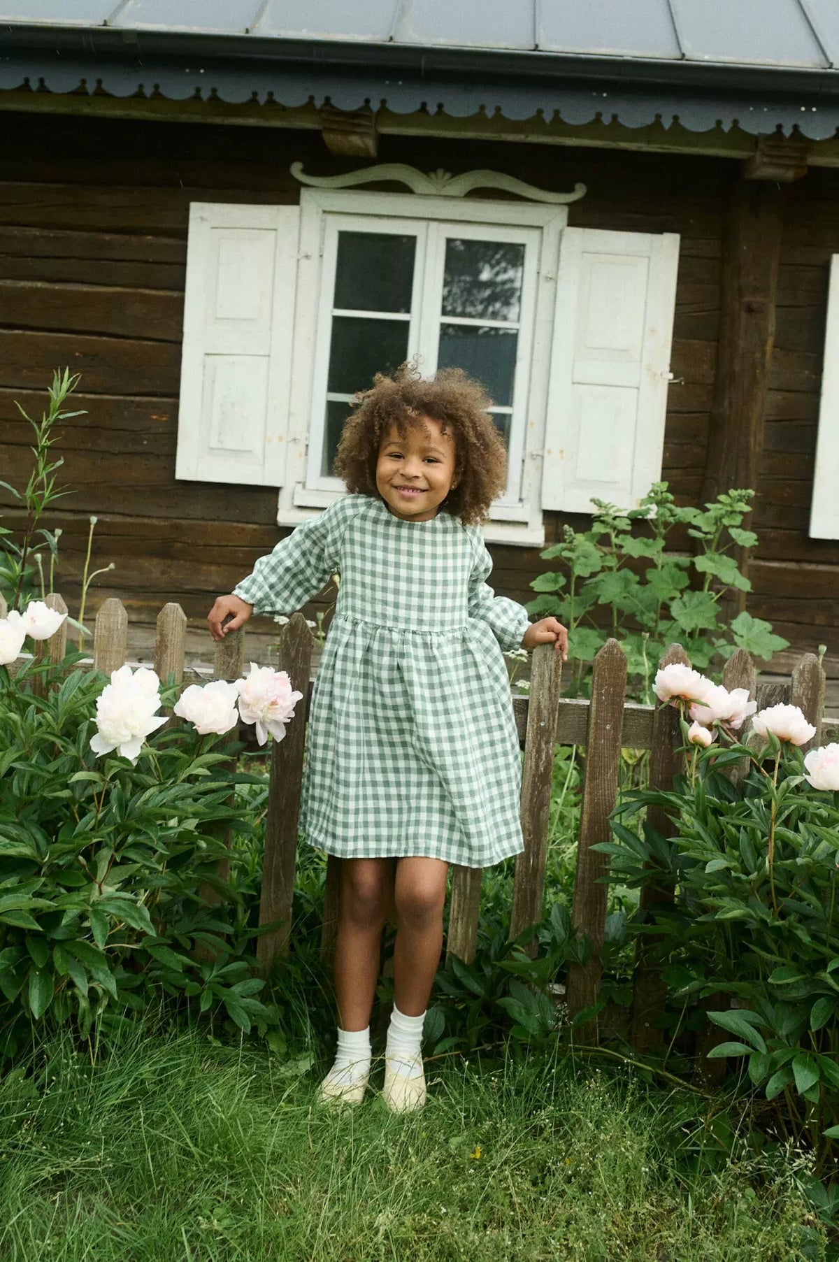Girls Nordic Linen Dress - Green-White Check
