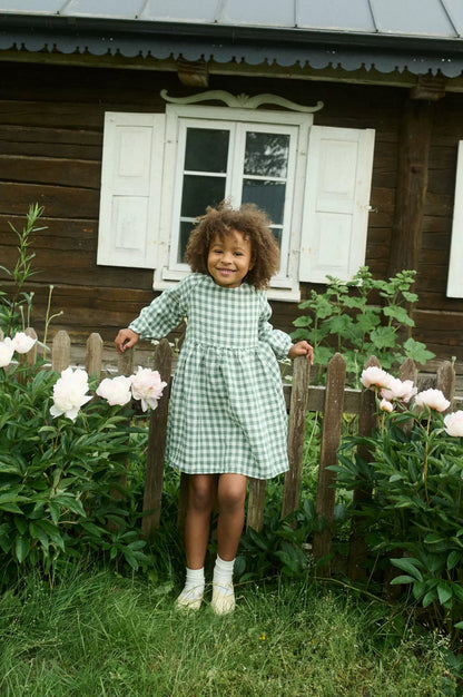 Girls Nordic Linen Dress - Green-White Check