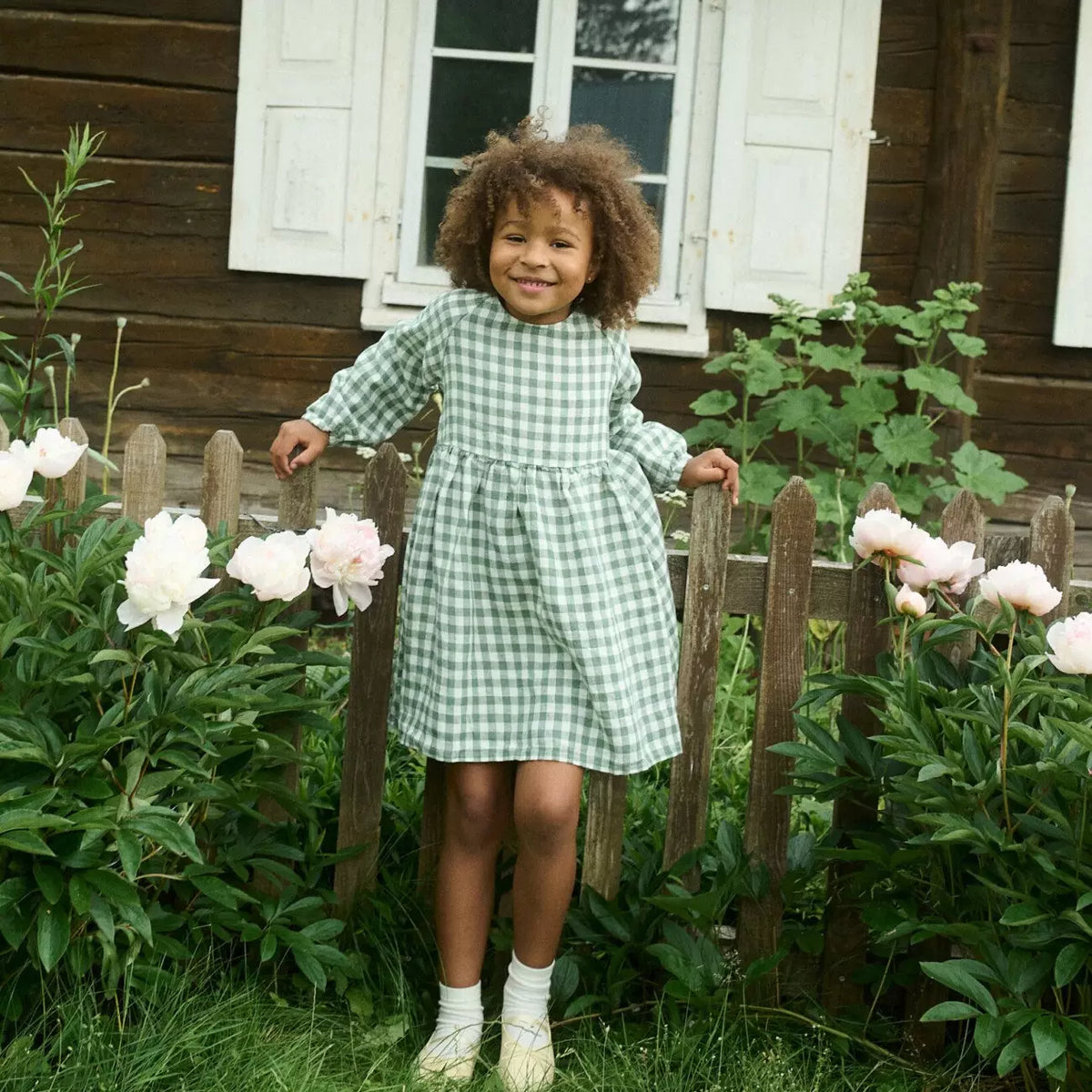 Girls Nordic Linen Dress - Green-White Check