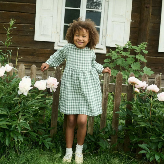 Girls Nordic Linen Dress - Green-White Check