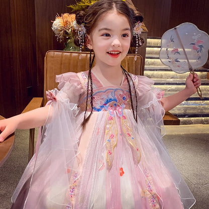 Girls Hanfu-Style Dress - Mesh-Panel National-Style Princess Gown