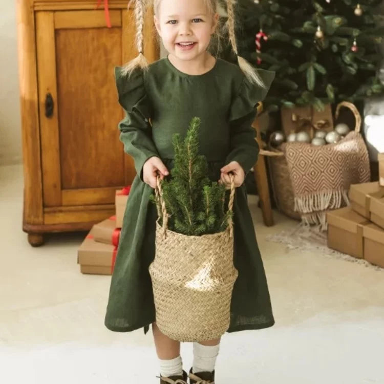 Girls Nordic Linen Dress - Forest Green Long-Sleeve