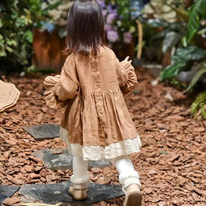 Girls Belgium Linen Long Dress - Khaki Relaxed Fit