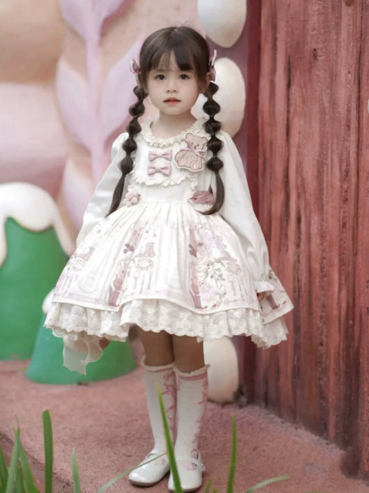 Girls Teddy-Bear Lolita Dress - Fleece-Lined Cosy Birthday Princess Gown