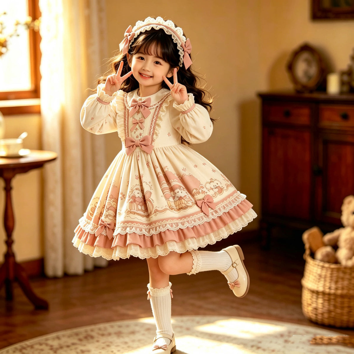 Girls Floral Lolita Dress - Original-Design Apricot Puff Gown, Fleece Option