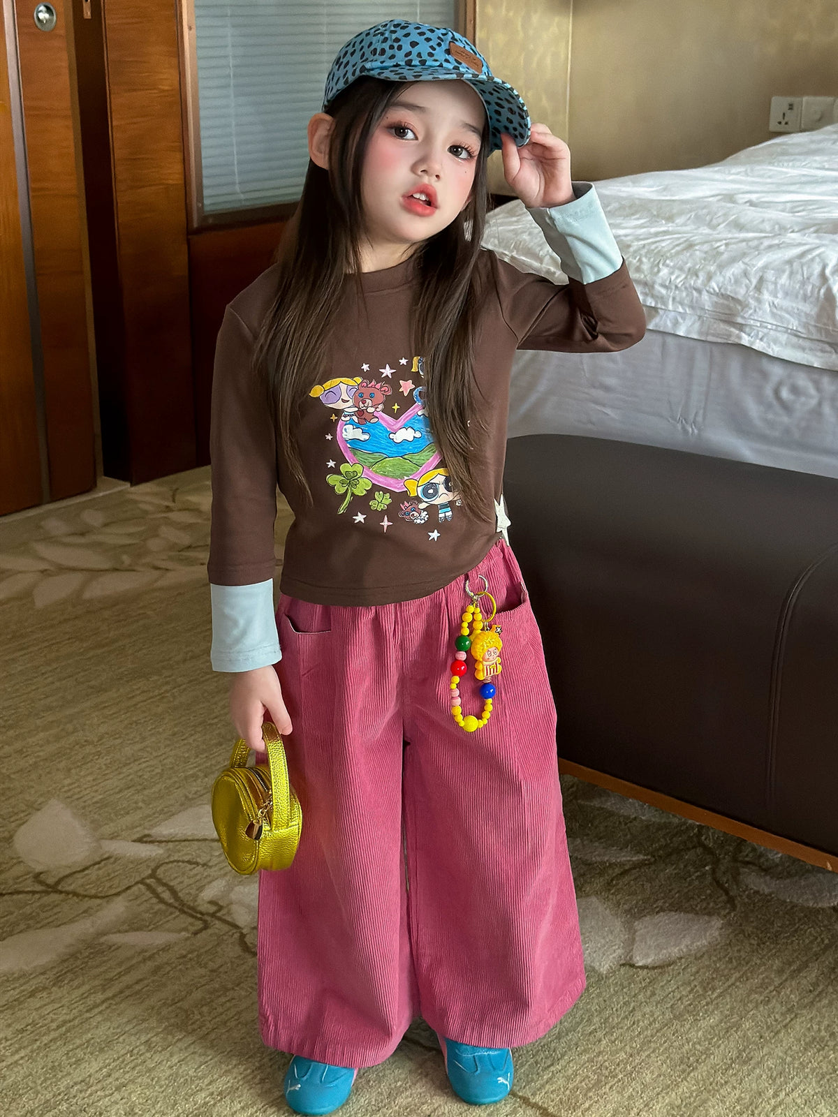 Girls Cartoon Tee & Corduroy Wide-Leg Pants Set with Charm - Korean Autumn Two-Piece