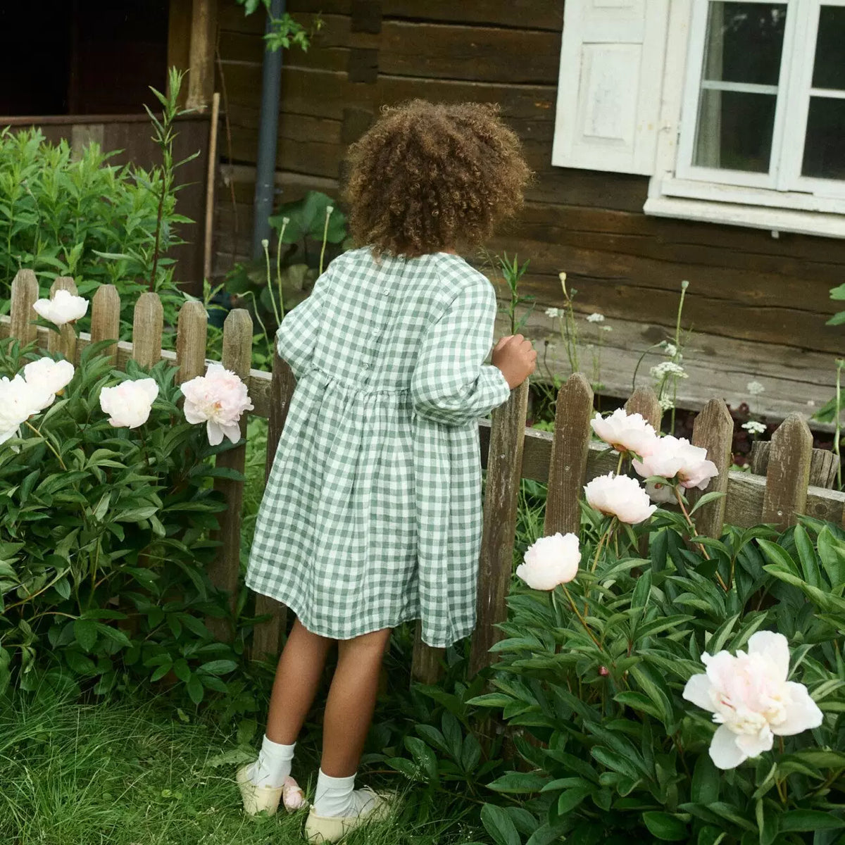 Girls Nordic Linen Dress - Green-White Check