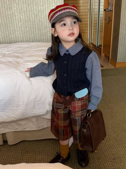 Girls Plaid Layer-Look Shirt & Capri Pants Set - Korean Autumn
