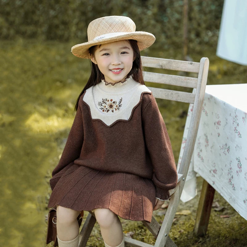 Girls Preppy Princess Sweater Dress - Embroidered Knit Midi, Fleece Options