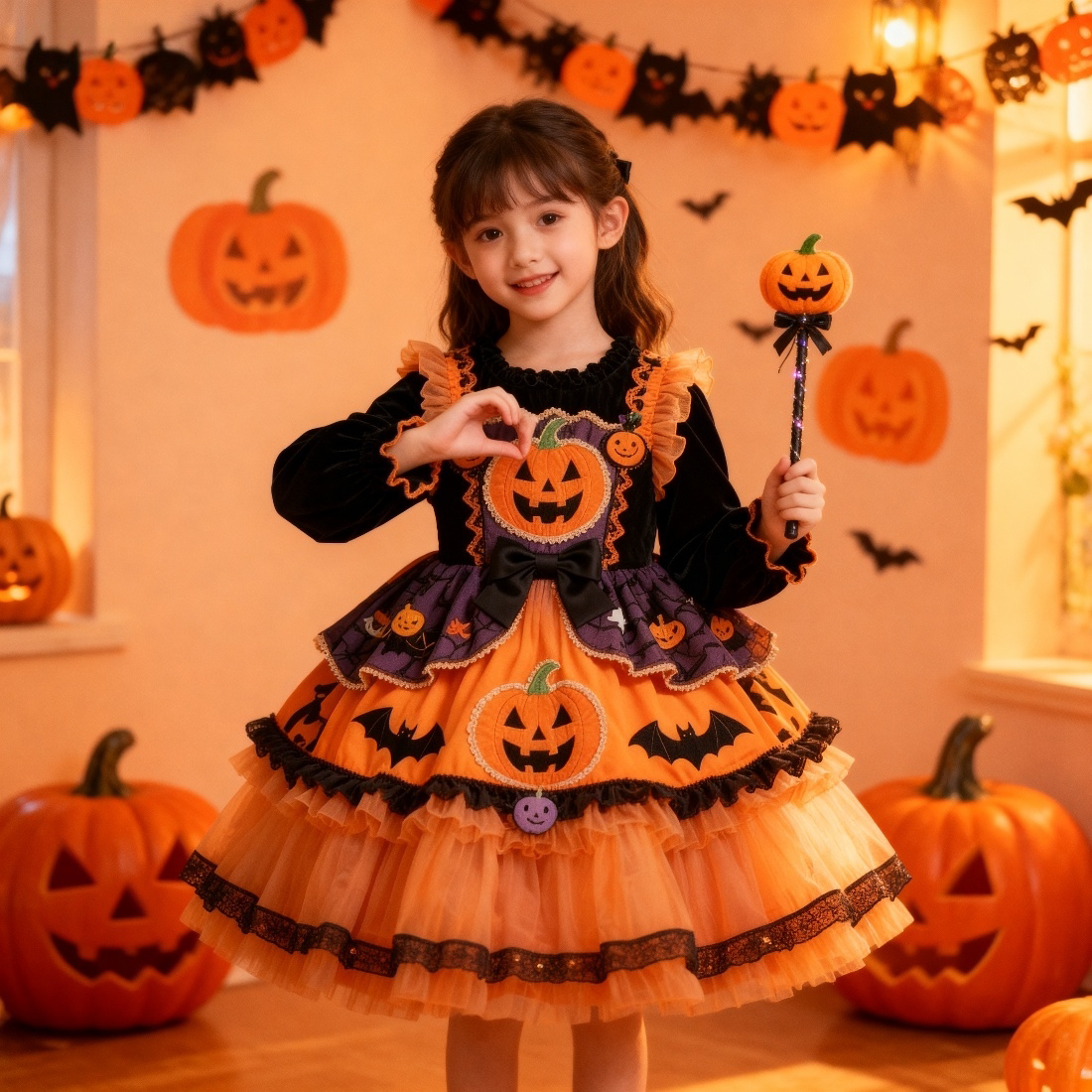 Girls Halloween Pumpkin Lolita Dress - Fleece-Lined Puffy Birthday Princess Gown