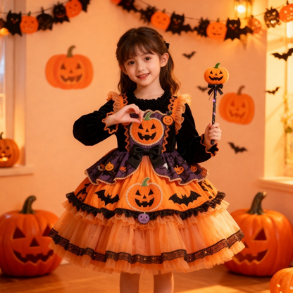 Girls Halloween Pumpkin Lolita Dress - Fleece-Lined Puffy Birthday Princess Gown