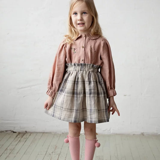 Girls Pure Linen Half Skirt - High-Luxe Retro Midi