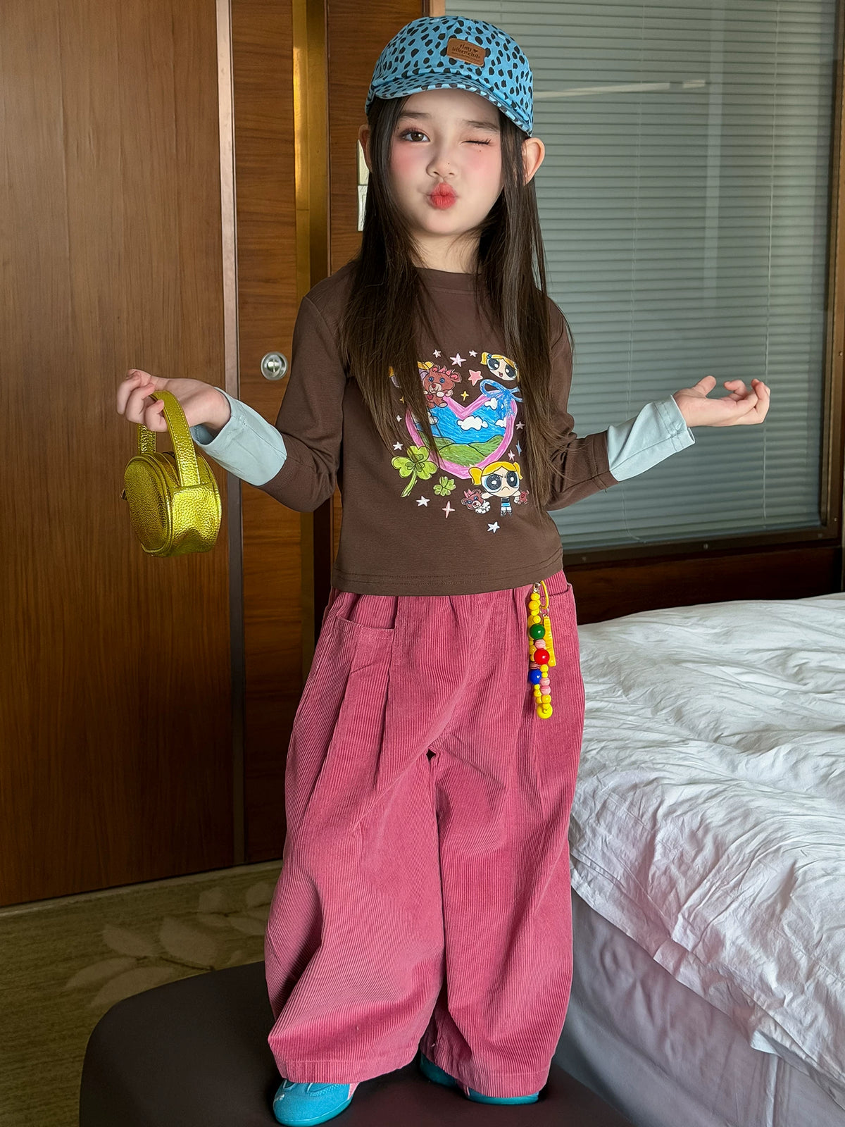 Girls Cartoon Tee & Corduroy Wide-Leg Pants Set with Charm - Korean Autumn Two-Piece