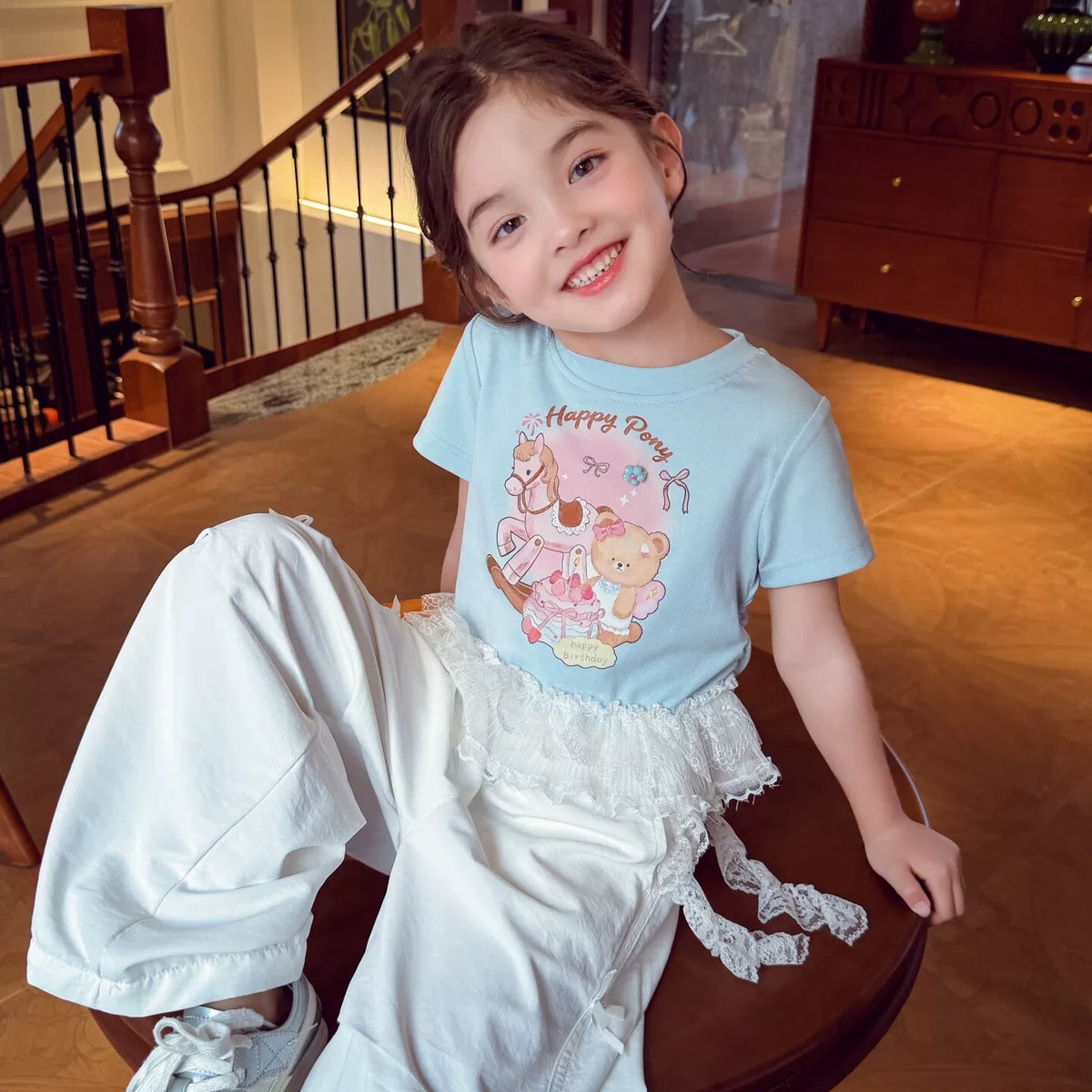 Girls Lace-Sleeve Cartoon Tee - Ballet-Style Summer Top