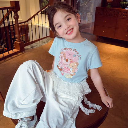 Girls Lace-Sleeve Cartoon Tee - Ballet-Style Summer Top