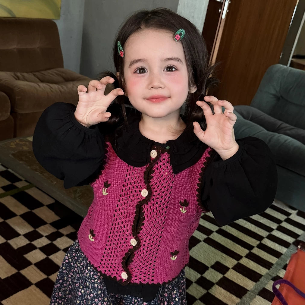 Girls Crochet Vest & Doll-Collar Shirt Set - Autumn Three-Piece