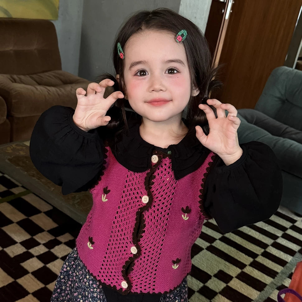 Girls Crochet Vest & Doll-Collar Shirt Set - Autumn Three-Piece