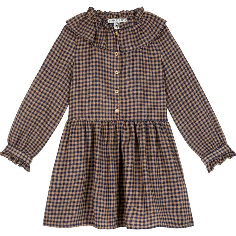 Girls Nordic Linen Dress - Brown Stripe Long-Sleeve