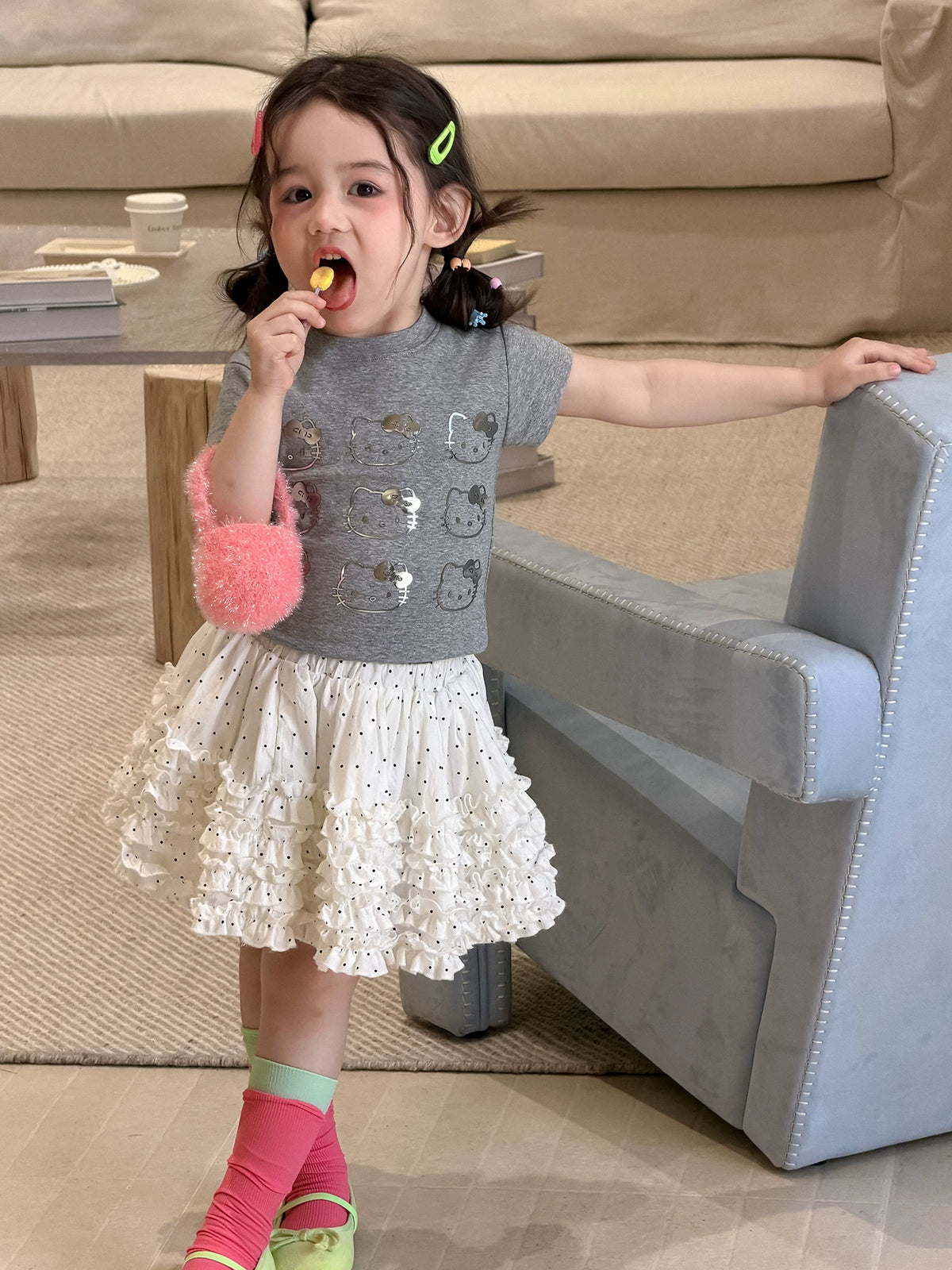 Girls Cartoon Cat Tee & Polka Dot Cake Skirt Set - Summer