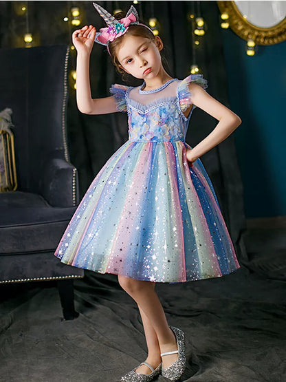 Girls Elsa Rainbow Princess Dress - Puffy Mesh Stage Gown