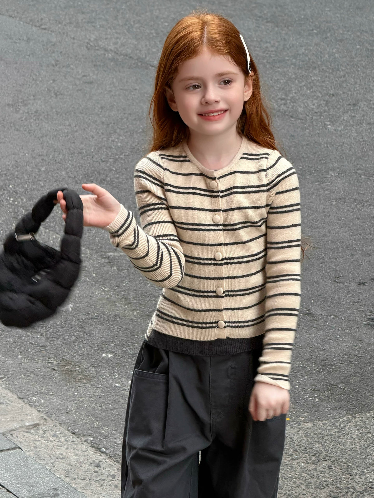 Girls Striped Faux Two-Piece Cardigan - Slim Korean Knit