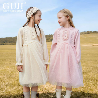 Girls Princess Tulle Sweater Dress - Midi Knit Gown with Mesh Skirt