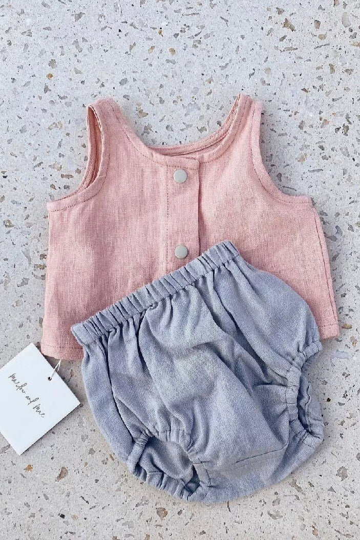Belgian Pure Linen Baby Set - Sleeveless Romper & Bubble Pants