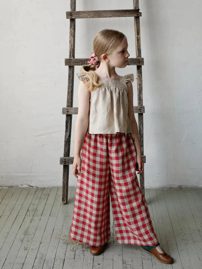 Red Plaid Pure Linen Wide-Leg Pants - Relaxed Spring Summer