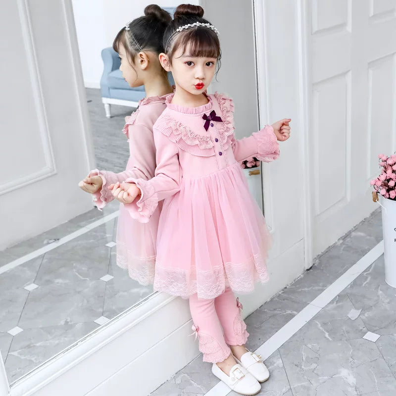 Girls Fleece-Lined Tulle Princess Dress - Three-Button Long-Sleeve Gown with Legging Options