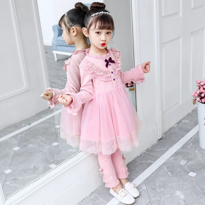 Girls Fleece-Lined Tulle Princess Dress - Three-Button Long-Sleeve Gown with Legging Options