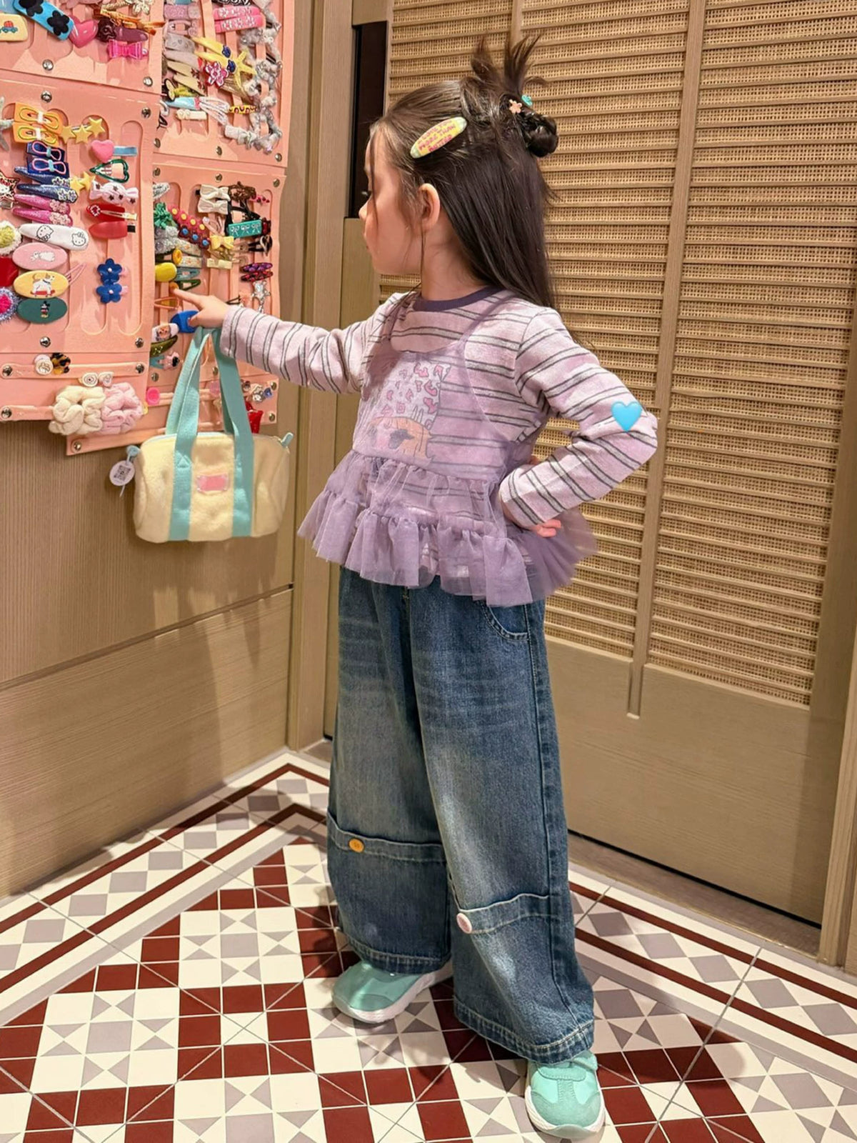Girls Taro-Purple Layered Top & Jeans Set - Ruffle-Hem Autumn Separates