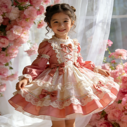 Girls French-Style Lolita Dress - Peach-Pink Couture Birthday Gown