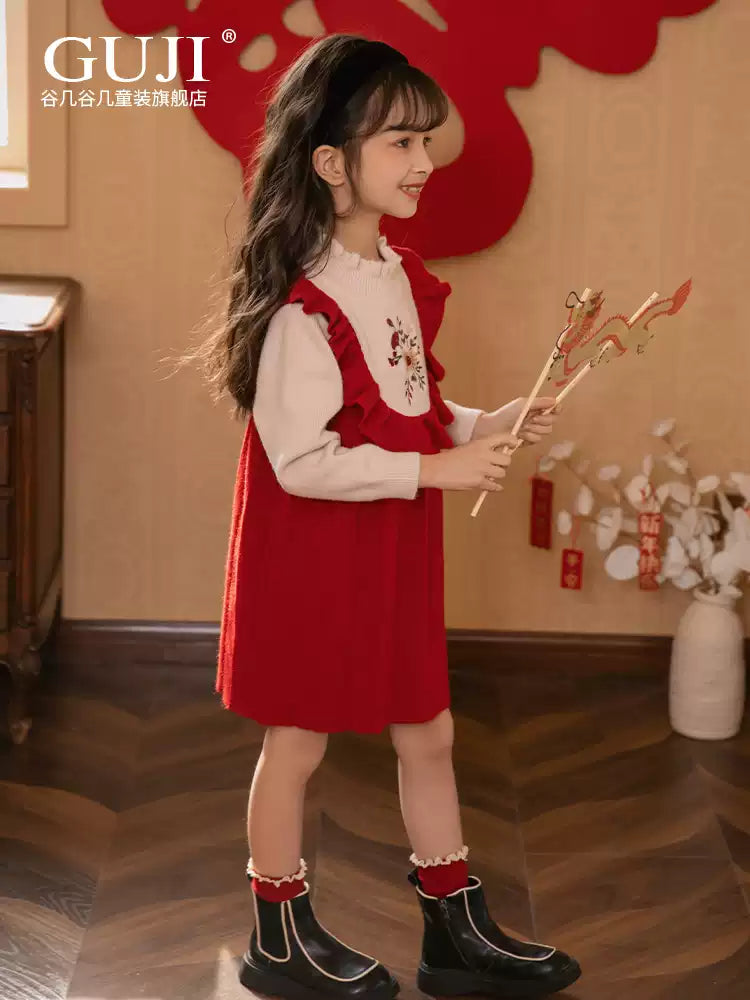 Girls Preppy Knit Sweater Dress - Embroidered Long-Sleeve Midi