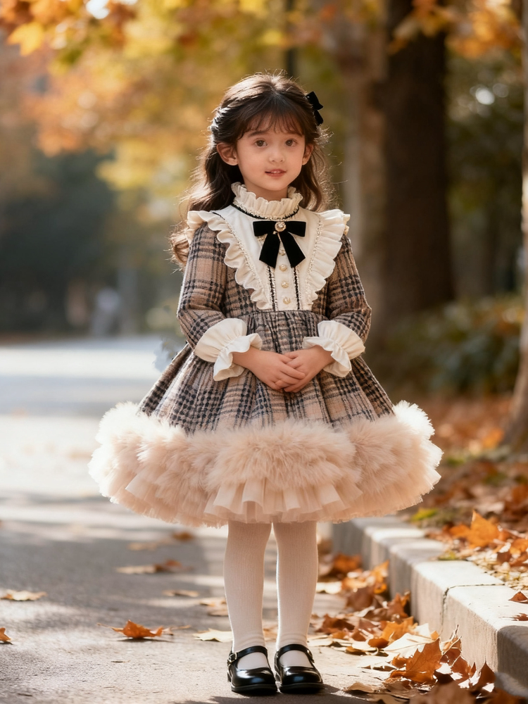 Girls Heiress-Style Fleece-Lined Lolita Dress - Retro Khaki Princess Gown