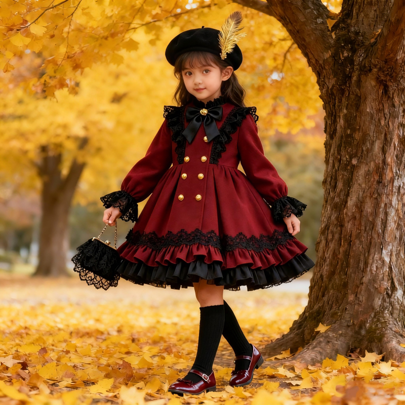 Girls French-Court Lolita Dress - Red Birthday Gala Puffy Gown, Unlined or Fleece-Lined