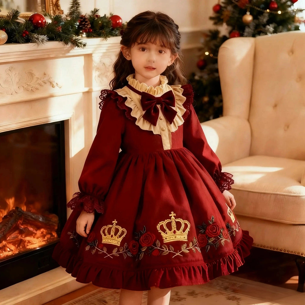 Girls Crown-Embroidered Court-Style Dress - Fleece-Lined Festive Princess Gown