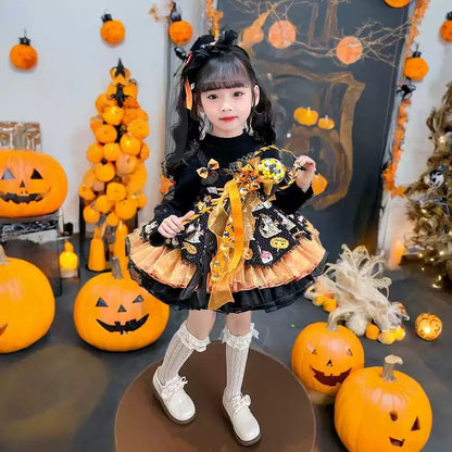 Girls Halloween Witch Lolita Dress - Black Puffy Princess Gown, Unlined or Fleece-Lined