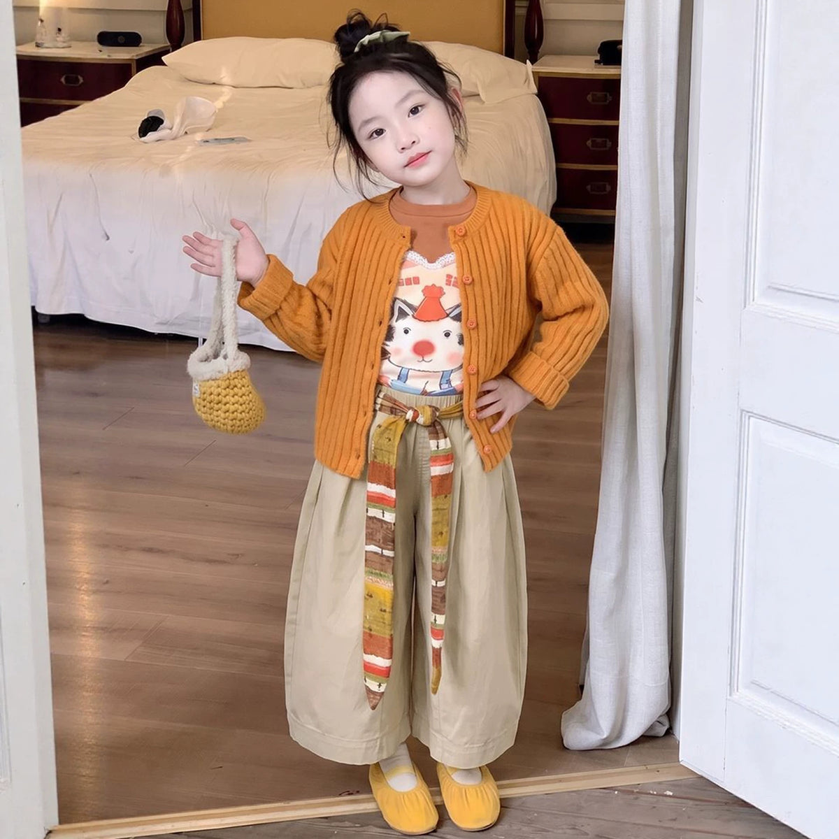 Girls Dopamine Knit Cardigan, Cartoon Tee & Casual Pants Set - Colourful 3-Piece