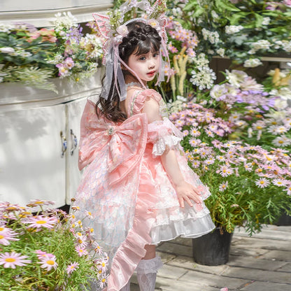 Girls Flower-Fairy Lolita Dress - Pink Gown with Train Option