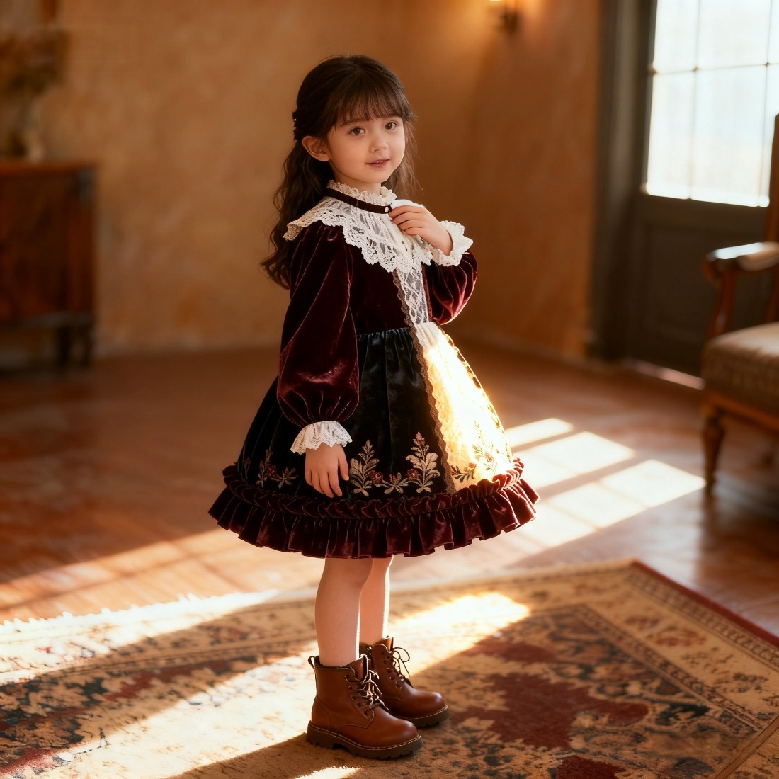 Girls Court-Style Lolita Dress - Wine-Red Birthday Princess Gown, Unlined or Fleece-Lined