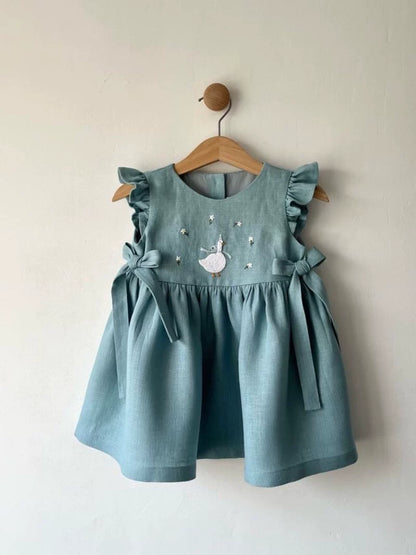 Pure Linen Sweet Sleeveless Dress - Custom Embroidered Summer